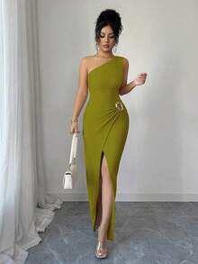 New Women's Sexy Solid Color Maxi Dress With Asymmetrical Shoulder, Twisted And Ruched, Asymmetrical Neckline, Knit Texture And Fitted Style, Twisted Design With Slit, Elegant Outfit For Women, Dress For Spring/Summer Party, Vacation, Valentine's Day - 酒紅色 - 查看 5