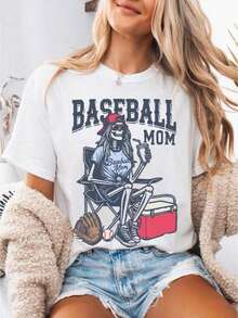 Baseball Mom T-Shirt, Skeleton Baseball Mom T-Shirt, Baseball Gift For Mom, Cute Baseball Mom T-Shirt, Funny Baseball Graphic Tees For Men And Women, Crew Neck, Loose Fit, Casual, Women's T-Shirts - 白色 - 查看 5