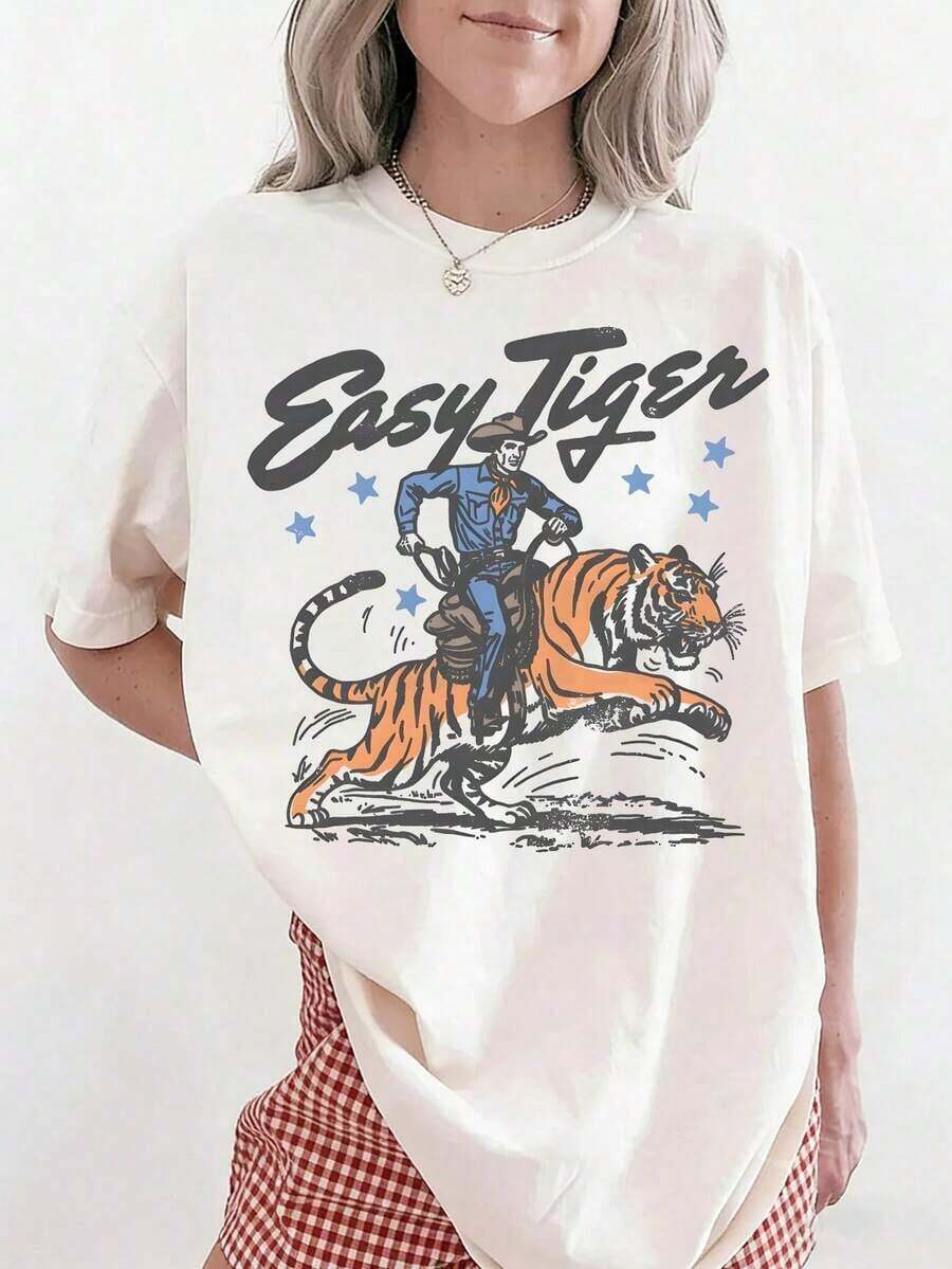 Easy Tiger T-Shirt, Retro Cowboy Design T-Shirt, Western Graphic T-Shirt, Retro T-Shirt, Cool T-Shirts For Men, Graphic T-Shirt For Women, Vintage T-Shirts - 白色 - 查看 1