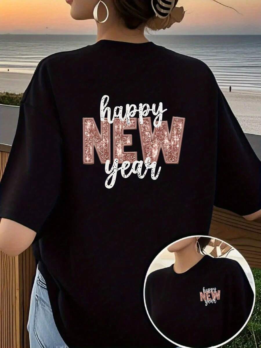 Printed T-Shirt With Designs On The Front And Back, Happy New Year Pattern, Round Neck, Short Sleeves, Modern And Fashionable Casual Style, Double-Sided Printed Top For Women. Elegant Party Outfit, T-Shirt For Stylish Ladies, Blouses Suitable For Curvy Women, Prom Skirts, Casual Wear - 黑色 - 查看 1