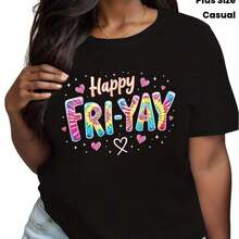 Casual Women's T-Shirt With Vibrant Tie-Dye Lettering That Reads "HappyFri-Yay," Adorned With Charming Hearts And Sparkles. High-Quality, Durable Print; Eye-Catching And Cheerful Design, Perfect For Casual Weekends, Get-Togethers, And Effortless Style. Stand Out With This Fun And Vibrant T-Shirt That's A Wardrobe Must-Have. Refreshing T-Shirt - 黑色 - 查看 1