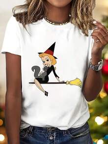 Y2K Women's Elegant Style T-Shirt With Witch Print, Short Sleeve, Round Neck, Casual Top, For All Seasons | Fashionable Casual Clothing | Loose, Casual, And Versatile T-Shirt With  Letter Print - 白色 - 查看 8