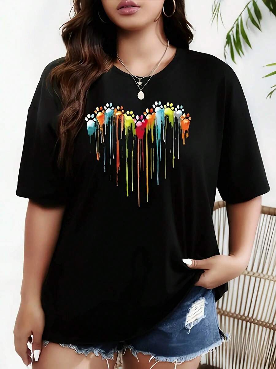 Plus Size Women's Plus Size T-Shirts - Summer Short Sleeve Crew Neck Blouses With Opaque Fabric, Casual Loose Fit Tops, Machine Washable And Non-See-Through For Casual Wear, All Seasons (Curvy Women) - Loose Fit Short Sleeve And - 黑色 - 查看 1