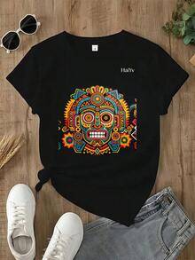 Limited Time Offer, Limited Quantity Available, Flash , Women's Shirts, Women's T-Shirts. Women's Comfortable Loose White T-Shirt, Short Sleeve Round Neck, Mexican  Print, Casual T-Shirt For Everyday Wear And Going Out - 黑色 - 查看 2
