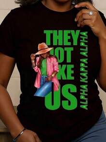 Women's "Alpha They Not Like Us" Graphic Print Crew Neck T-Shirt, Ideal For Spring And Summer, Gift For Sorority Sisters, Suitable For Summer And Autumn Celebrations, Perfect Gift For Patriots And Independence Day. - 黑色 - 查看 1