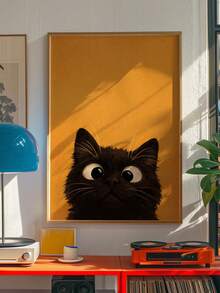 1pc Frameless Black Cat Wall Art Print, Cute Surprised Black Cat On Mustard Yellow Background, Minimalist Pet Decor, Unframed - A - View 2