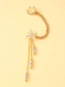 1pc Retro European & American Style Octagram Tassel Ear Cuff Earring, Sparkling Single Rhinestone Earring - Gold - View 8