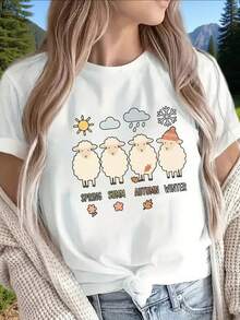 Lightweight And Durable Short-Sleeved T-Shirt With An Adorable Sheep Design For All Seasons, Perfect For Casual Wear At Home, In The Office Or Outdoors, With Soft Prints Representing Spring, Summer, Autumn And Winter. - 白色 - 查看 1