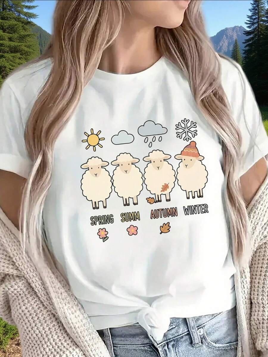 Lightweight And Durable Short-Sleeved T-Shirt With An Adorable Sheep Design For All Seasons, Perfect For Casual Wear At Home, In The Office Or Outdoors, With Soft Prints Representing Spring, Summer, Autumn And Winter. - 白色 - 查看 1
