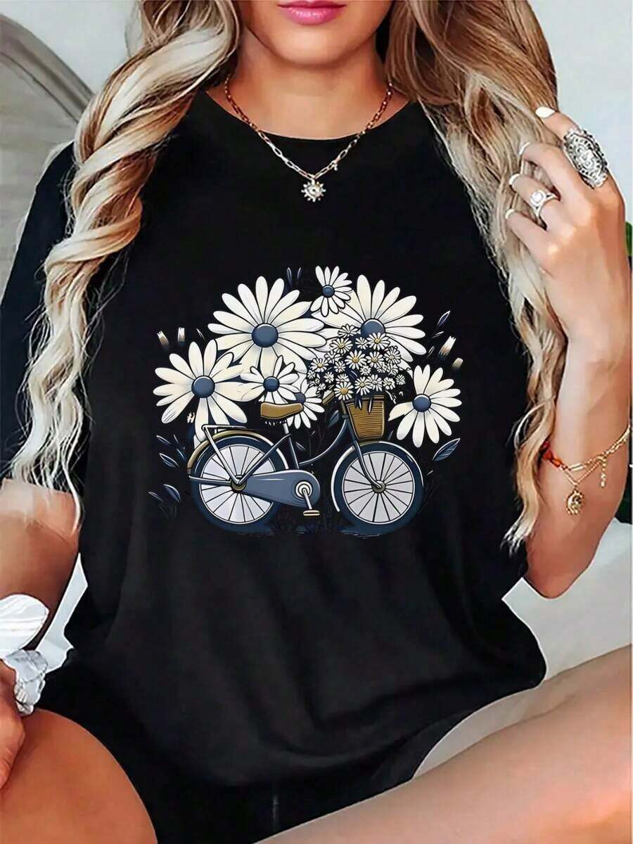 Camiseta Casual de Manga Corta para Mujer, Diseño Floral - Negra, Tela Cómoda, Ligera y Duradera, Adecuada para el Hogar, Uso al Aire Libre o Casual, Camiseta para Uso Diario |     Camiseta con Estampado Floral |     Tela de elasticidad mediablusas para mujer>ropa - Negro - Ver 1