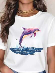 Women's Premium T-Shirt With Dolphin Jumping Graphic Print - Cute Animal Print, Summer Top, Casual Beachwear, Ocean Themed T-Shirt For Vacation And Everyday Wear. Gift Idea. - 白色 - 查看 1