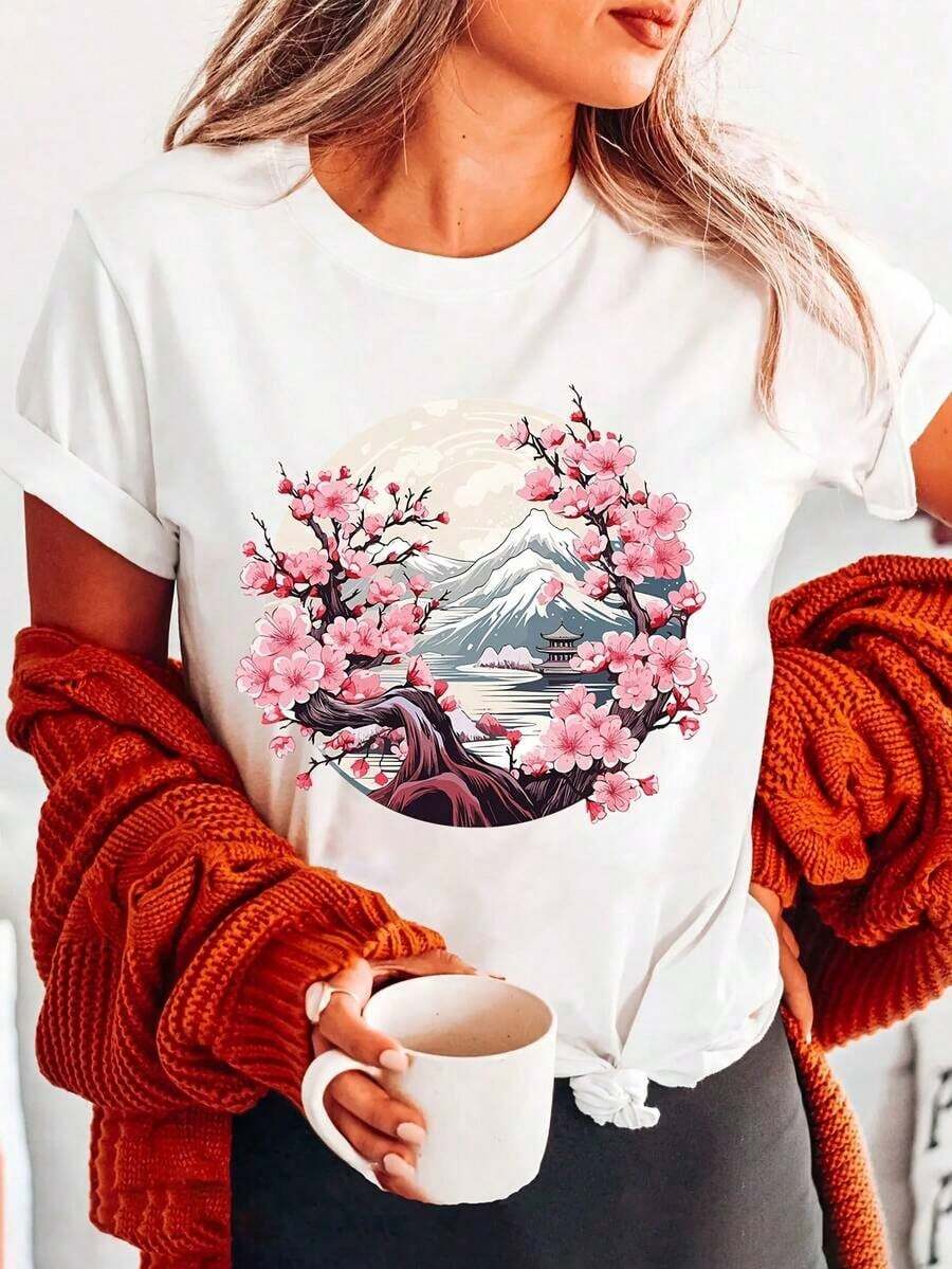 Camiseta con Estampado de Árbol de Cerezo, Manga Corta, Cuello Redondo, Estilo Casual para Verano y Primavera, Ropa de Mujerblusas para mujer>ropa - Blanco - Ver 1