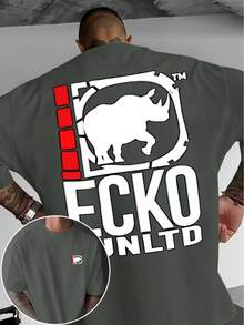 A Short-Sleeved T-Shirt With A "Rhino" Print And A Round Neck, Ideal For Summer. It's A Must-Have For Travel, Dates, Beach Outings, And Vacations, Making It A Perfect Gift For Dad Or A Boyfriend On Special Occasions. - 深灰色 - 查看 6