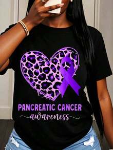Women's Cotton T-Shirts Pancreatic Cancer Awareness Purple Ribbon Heart Leopard Print T-Shirt For Women Support And Solidarity Cancer Awareness Rel Basic Blouses For Women - 黑色 - 查看 7
