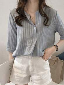 Women's Striped Round Neck Blouses For Petite Women, New Korean Style Three-Quarter Sleeve Shirt For Summer, Loose Casual Shirt. - 灰色 - 查看 1