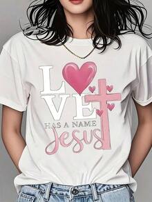 Mexican Women's Crew Neck T-Shirt With Heart And Jesus Cross Print, Short Sleeve, Casual Style, Christian Faith, For Everyday Wear And Religious Events. Summer Fashion Cotton T-Shirt - 白色 - 查看 11