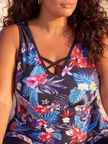 Women's Tropical Floral Print Tankini Swimwear Set, Plus Size V-Neck Swimwear With Shorts, Suitable For Beach Vacation Black - Black - View 4