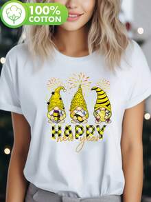 New Year's Yellow Fireworks Print T-Shirt, Short Sleeve, Round Neck, Casual Style For Summer And Spring, Women's Clothing - Unisex Loose Cotton T-Shirt, Short Sleeve, Round Neck, Urban Vintage Style. - 白色 - 查看 7