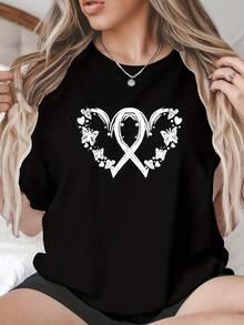 White T-Shirt With Butterfly, Heart And Flower Print, Short Sleeve, Round Neck, Casual Summer Blouse With Vintage Urban Aesthetic Style, Unisex, Cotton, Loose Fit - 黑色 - 查看 1