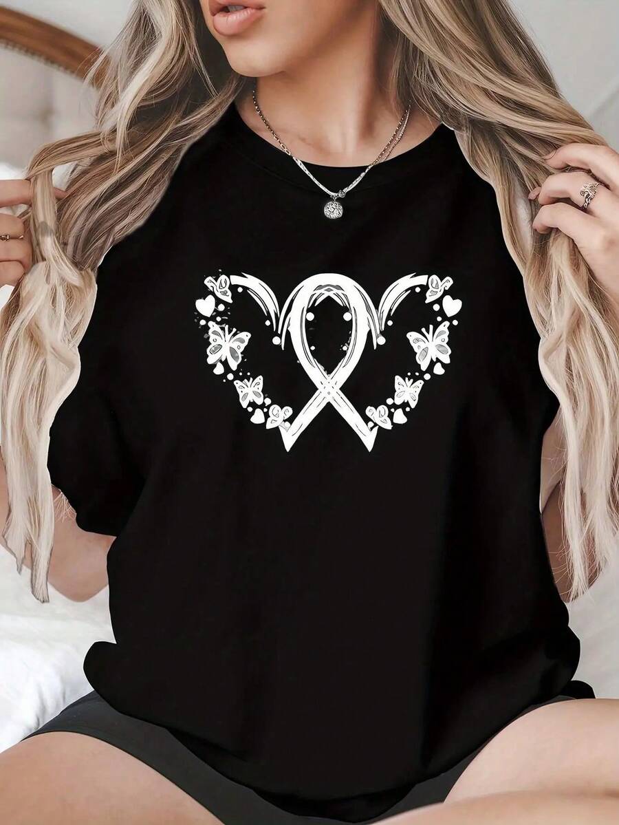 White T-Shirt With Butterfly, Heart And Flower Print, Short Sleeve, Round Neck, Casual Summer Blouse With Vintage Urban Aesthetic Style, Unisex, Cotton, Loose Fit - 黑色 - 查看 1