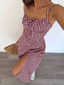Vestido a media pantorrilla con tirantes a cuadros para mujeres, de moda y apropiado para el verano - Burdeos - Ver 3