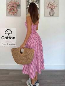 Vestido a media pantorrilla con tirantes a cuadros para mujeres, de moda y apropiado para el verano - Rosa - Ver 4