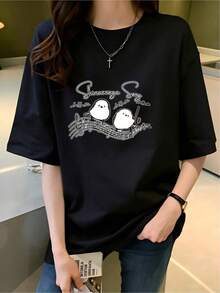Camiseta negra informal de manga corta con cuello redondo para hombre,Camisetas Para Mujer Camiseta negra de moda estilo urbano divertida con estampado de aves, diseño original y fresco, opción ideal para el día a día, disponible en varias tallas y colores, categoría de ropa casual,  actual. - Negro - Ver 1