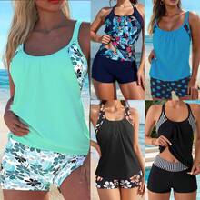 New Printed Tankini With Shorts, Conservative Two-Piece Bikini For Women - JY959BK - 查看 2