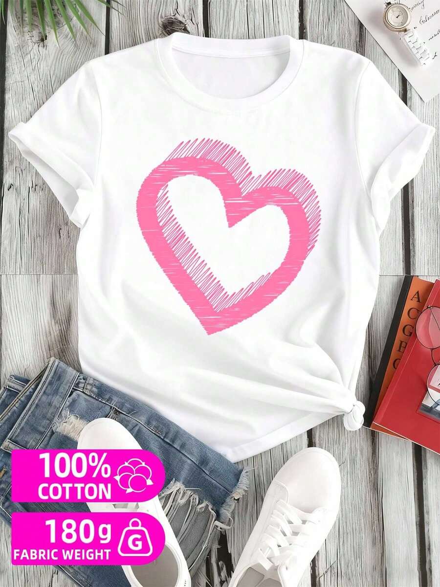 Heart Print T-Shirt, 1 Piece Pack, Fun Couple Set, 180 Grams, 100% Pure Cotton, Stylish And High Quality White T-Shirt For Summer, Machine Washable, Fun And Playful, Cool T-Shirt, Funny T-Shirt, Comfortable For Everyday Wear. - 白色 - 查看 1