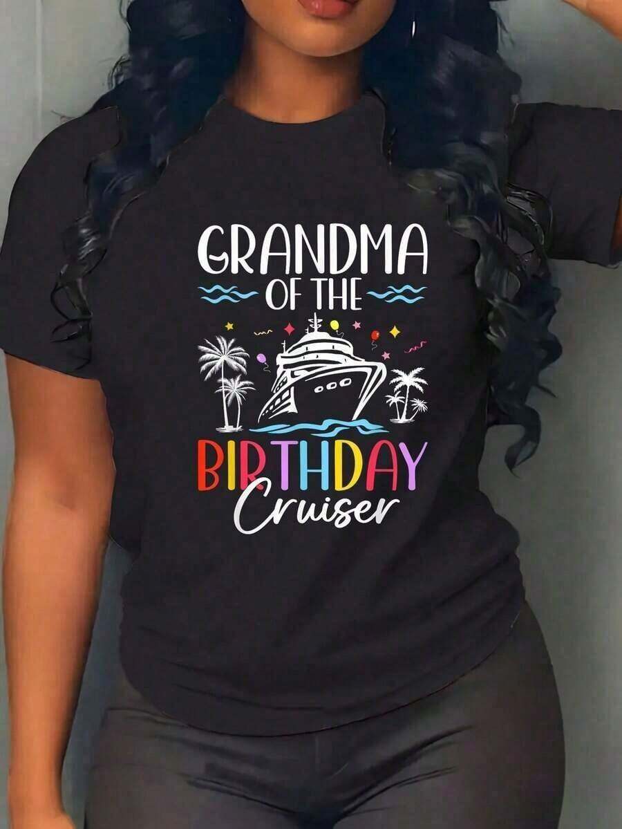 100% Cotton "Birthday Ship Grandma" T-Shirt - Funny Birthday T-Shirt For Cruise, Casual Style, Short Sleeve, Women's Simple Solid Color T-Shirt, Loose And Slim Fit Casual Short Sleeve - 黑色 - 查看 1