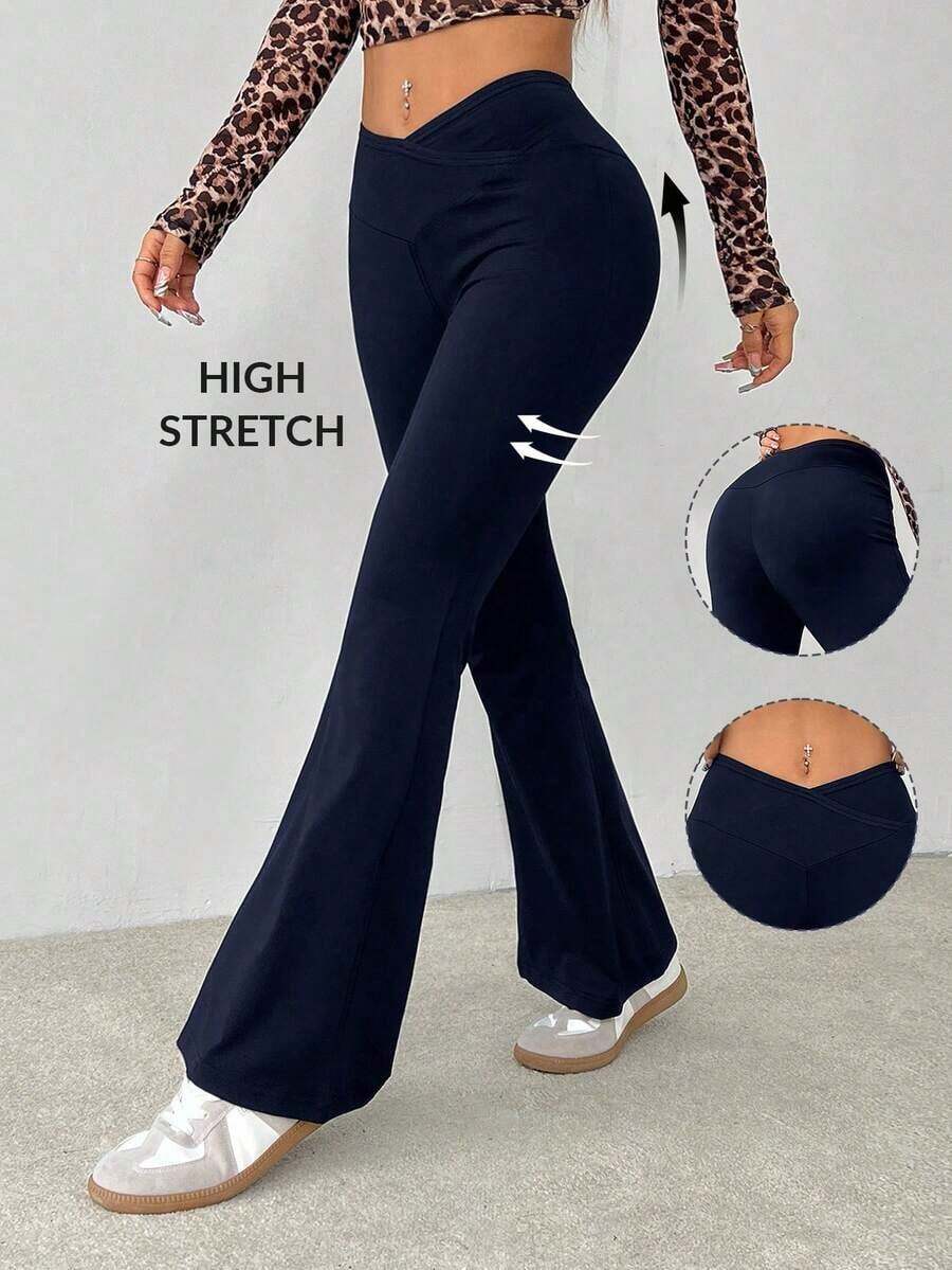 Pantalones acampanados de cintura alta envolvente de unicolor sencillo - Azul marino - Ver 1