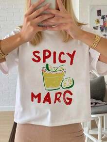 1 Piece Women's Spicy Daisy Print T-Shirt - White T-Shirt With Red Letters - Casual Stretch Summer Top, Suitable For Beach, Parties And Daily Wear - Non-See-Through Beach T-Shirt, Machine Washable, Ideal For Parties, Fun Design, 180g 100% Cotton. - 白色 - 查看 8