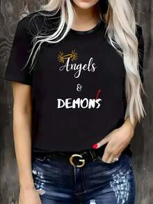 Women's T-Shirt With Angel Demon Text Pattern Print, Black Short Sleeve T-Shirt, Casual Round Neck T-Shirt, Conventional Version Of Comfortable T-Shirt Fabric For All Seasons, Suitable For Daily Wear And Suitable For Holiday Gifts, Suitable For Friends' Gifts - 黑色 - 查看 1
