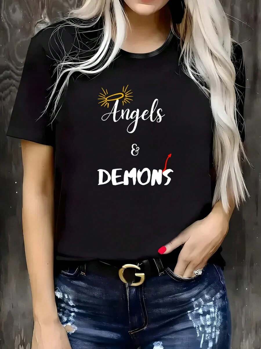 Women's T-Shirt With Angel Demon Text Pattern Print, Black Short Sleeve T-Shirt, Casual Round Neck T-Shirt, Conventional Version Of Comfortable T-Shirt Fabric For All Seasons, Suitable For Daily Wear And Suitable For Holiday Gifts, Suitable For Friends' Gifts - 黑色 - 查看 1