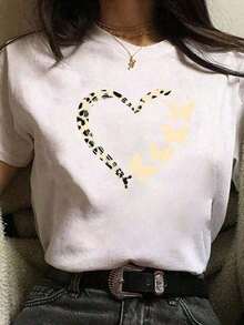 Women's Simple Casual Basic T-Shirt With Heart And Butterfly Print - Vintage Urban Style, Unisex, Cotton, Short Sleeve, Round Neck, Flash  Blouses, Pretty 100% Cotton - 白色的 - 查看 1