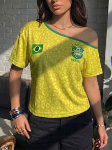 Áo thun dài tay dáng rộng cổ lệch vai chất liệu lưới kiểu Brazil dành cho nữ, thích hợp mặc đi chơi mùa hè hoặc đi nghỉ mát. - Màu vàng - Xem 5