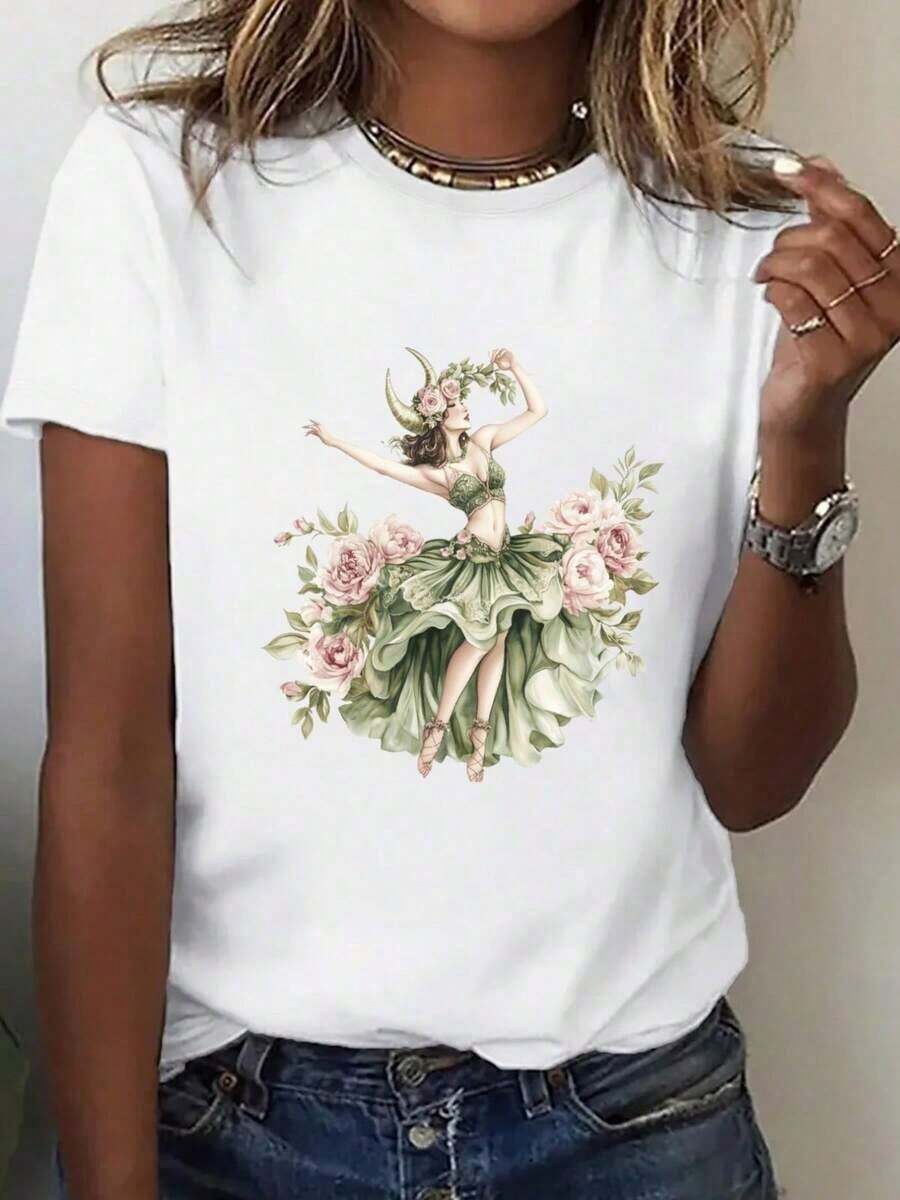 1 Piece Casual Fashion Loose Fit T-Shirt For Men And Women With Vintage Print For Women - XHON Casual Urban Style Top Versatile, Easy To Match, For Daily Wear, Street Style, Holiday Wear, Weekend Wear. - 白色的 - 查看 1