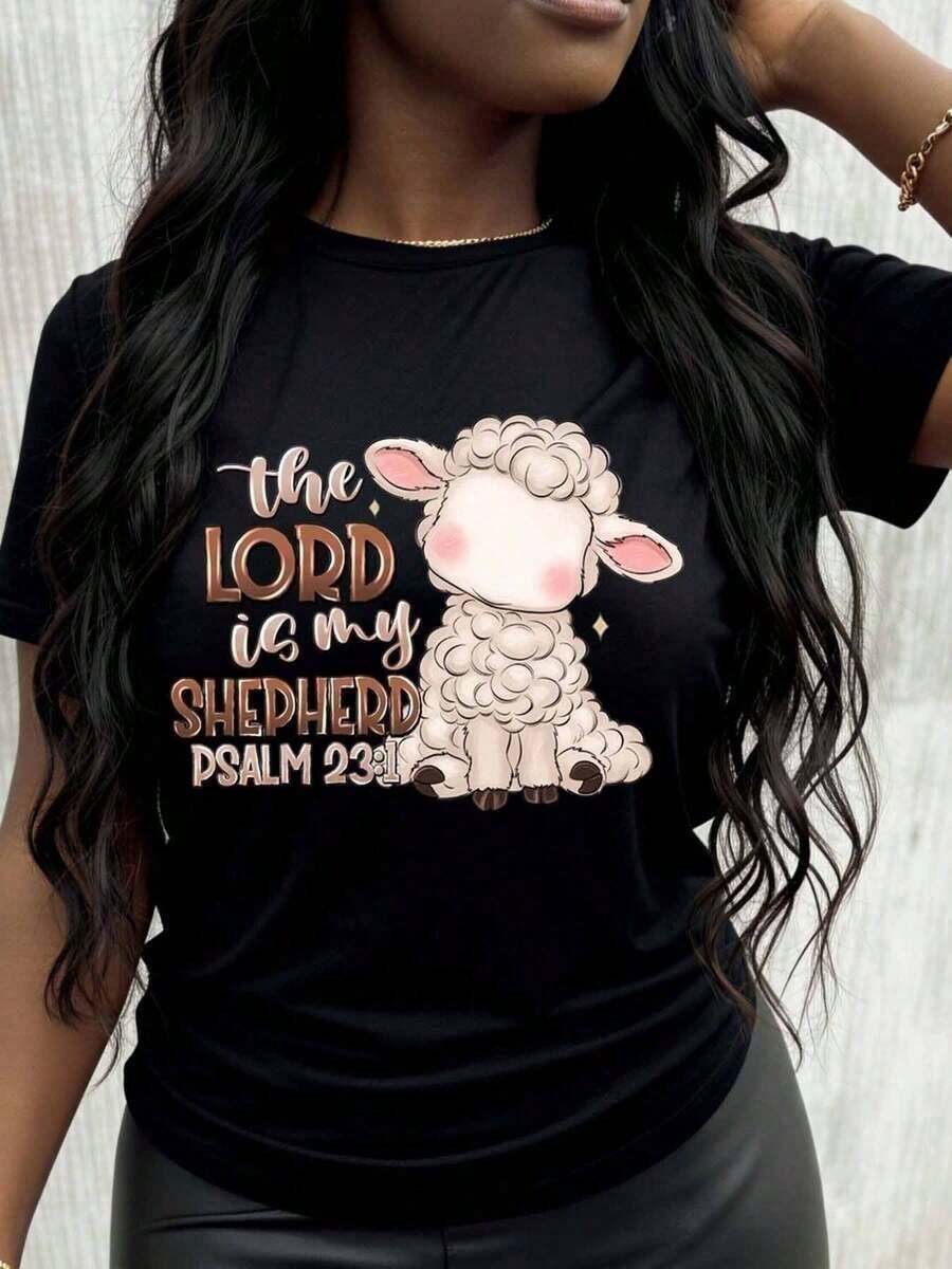 El Señor es mi pastor Salmo 23 Linda Camiseta Cristiana con Cordero para Mujer Playera Holgada para Mujer - Negro - Ver 1