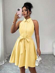 Elenzya Vestido de cuello de camisa sin mangas con tela de efecto lino de dos tonos y efecto de mezclilla, silueta en línea A, diseño elegante y romántico, adecuado para uso al aire libre - Amarillo - Ver 12