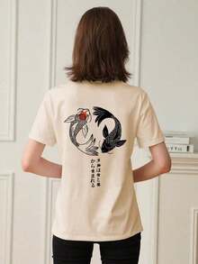 Camiseta de mujer de manga corta con cuello redondo y estampado de peces koi, de estilo casual y versátil para el verano--Camiseta de algodón suave, cómoda y holgada para uso casual. - Caqui - Ver 2