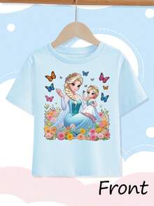 [Autorizado] Camiseta casual de cuello redondo para niñas con estampado de la princesa Elsa de Frozen, de Disney, tela ligeramente elástica, adecuada para regalos de cumpleaños, deportes diarios y viajes, camisetas de verano para niñas - Celeste - Ver 2