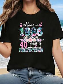 Conmemoración del 40º cumpleaños para quienes nacieron en 1986. Diseño floral con la inscripción "1986". Fabricada en 1986, camiseta de moda casual para mujer, de cuello redondo, estilo oversized, con estampado gráfico "40 años de PERFECCIÓN", para primavera/verano. Adecuada para salidas animadas, actividades al aire libre, desplazamientos diarios, ropa versátil y elegante. - Negro - Ver 3