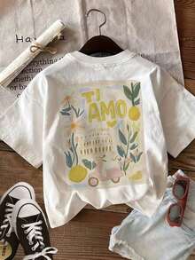 T-shirt casual da donna estate 2026, stampa fronte/retro, stile fresco dipinto a mano, design "Lemon Scooter Colosseum TI-AMO", girocollo, maniche corte [Ling K] T-shirt estive da donna - Bianco - Visualizzare 2