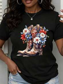 Plus Size Women's Clothing, Round Neck T-Shirt With Patriotic Floral Print And Cowboy Boot Design, Casual Short Sleeve Top For Summer, Suitable For Independence Day Celebrations. - 黑色 - 查看 7