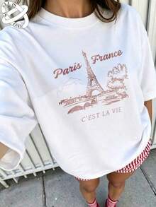 ALL IS ONE 100% Pure Cotton Women's T-Shirt With Pink Eiffel Tower Print "Paris France", Premium Quality, Breathable And Soft To The Touch - 白色的 - 查看 2