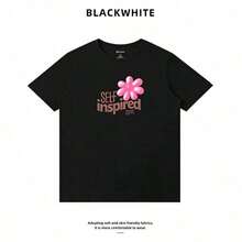 Women's Summer Outfits, Short Sleeve T-Shirt With Feminine Print, Sweet And Fresh Style, Casual, Thick Cotton, 100% Cotton - 黑色 - 查看 3