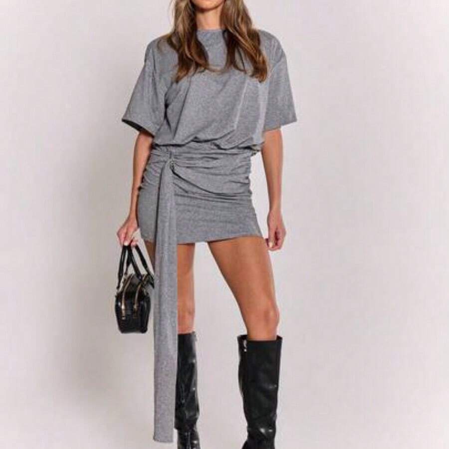 Vestido camiseta con detalle de anillo de drapeado, falda ajustada, hombros cuadrados, corte holgado, estilo casual, elegante, sexy, para salir, fiesta, primavera - Gris Oscuro - Ver 1