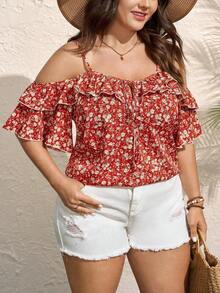 Camiseta romántica con volantes y escote descubierto de corazoncitos para vacaciones, talla grande.Ideal para fiesta casual, picnic o San Valentín. - Naranja 2 - Ver 6