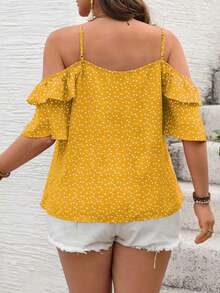Camiseta romántica con volantes y escote descubierto de corazoncitos para vacaciones, talla grande.Ideal para fiesta casual, picnic o San Valentín. - Amarillo - Ver 2