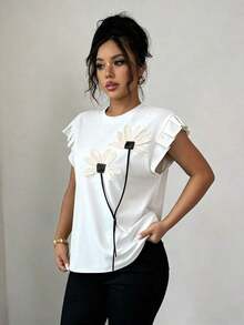 Camiseta de mujer con flores tridimensionales lindas y contrastantes para verano y otoño - Beis - Ver 3
